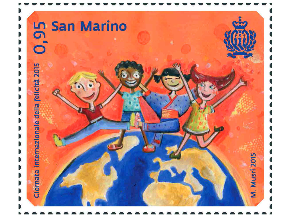 Ilustraciones de stampillas para San Marino: Dia internacional de la felicidad. (Italia) Técnica: Acrílico sobre papel